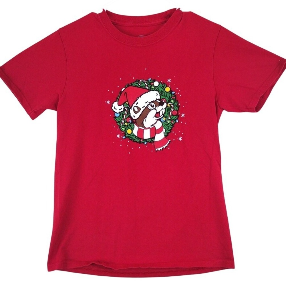 Kids Red Buc-ee's Christmas TShirt Xmas Truck Santa Hat‎ Beaver Graphic Tee